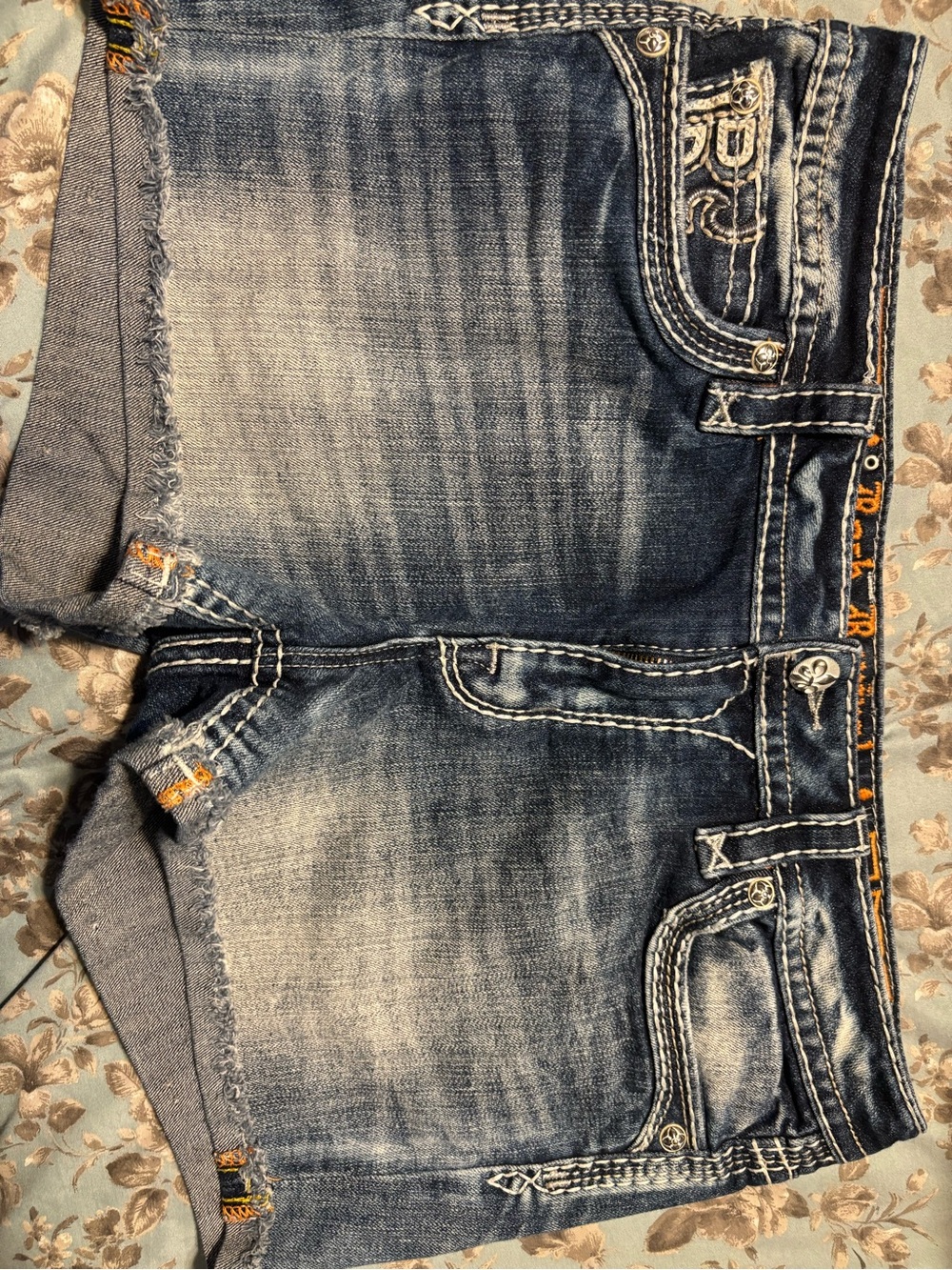 Rock Revival Dark Blue Denim Shorts with Orange Embroidered Trim